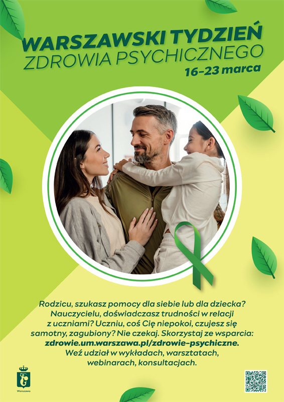 plakat promujący Warszawski Tydzień Zdrowia Psychicznego odbywający się w dniach 16-23 marca 2024.